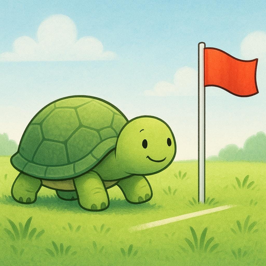 Een kleine groene schildpad kruipt langzaam over een grasveld naar een rode vlag die een finishlijn markeert, wat de benodigde duur voor de reis benadrukt.