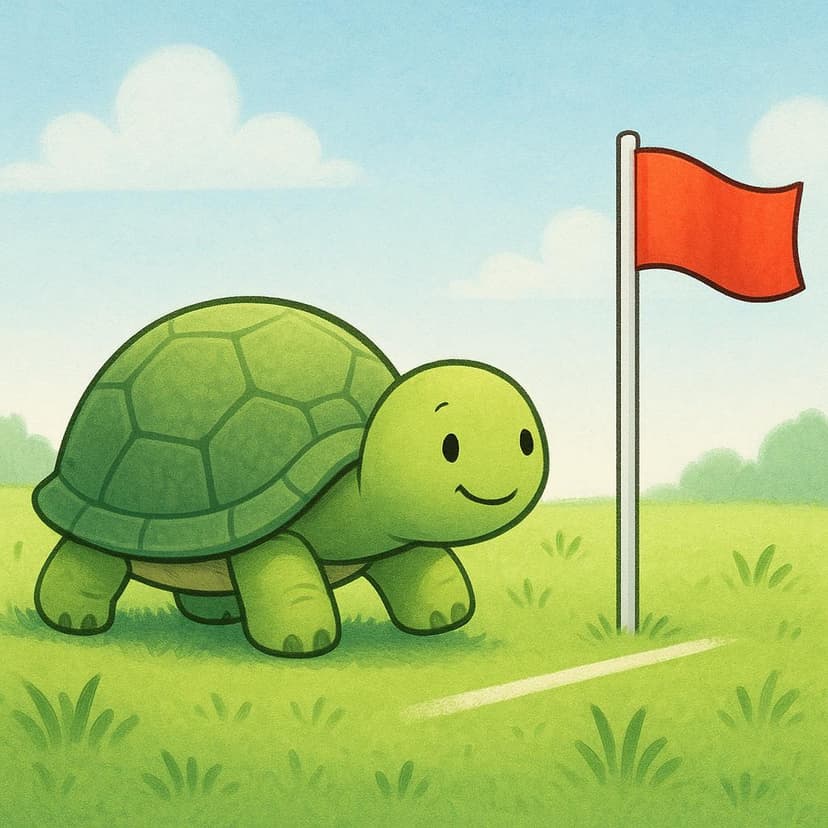 Uma pequena tartaruga verde está rastejando lentamente por um campo gramado em direção a uma bandeira vermelha que marca uma linha de chegada, enfatizando a duração necessária para a jornada.