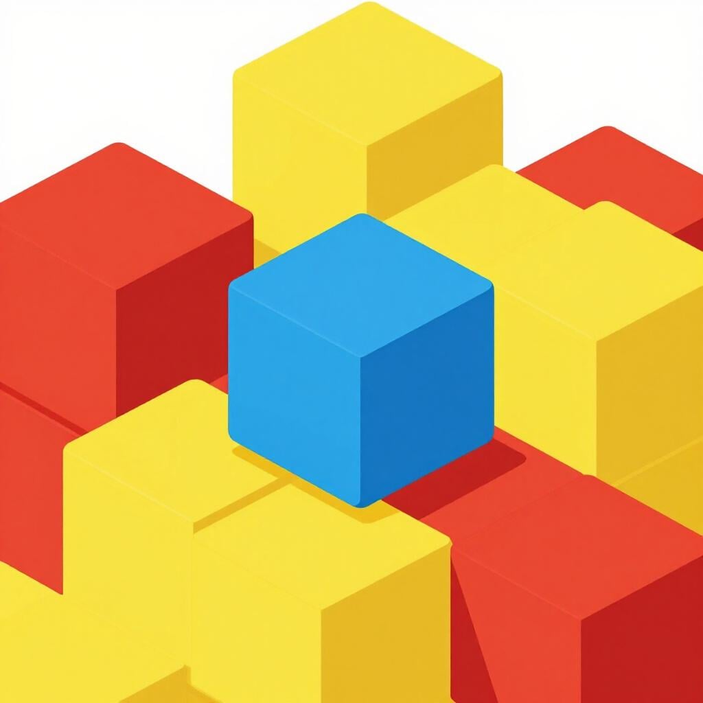 Ein einzelner bunter Baustein, der in eine größere Struktur identischer Blöcke eingefügt wird.