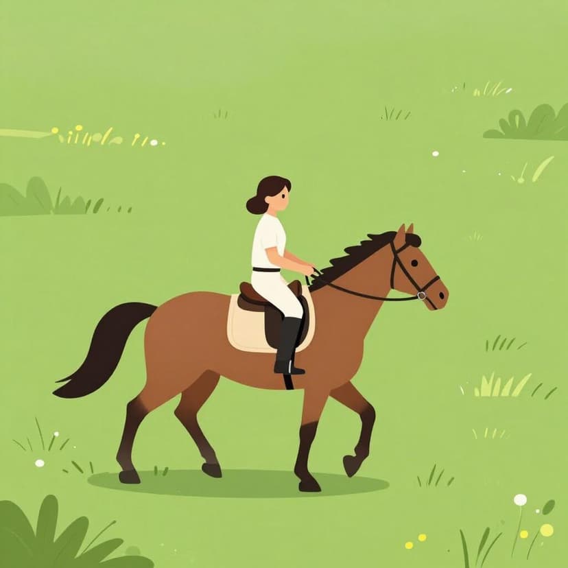 A person riding a brown horse through a green field.
