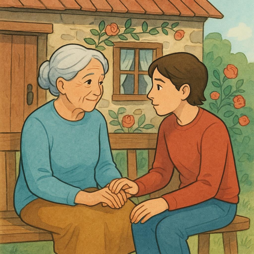 An elderly woman with a gentle face sitting on a wooden bench outside a rustic cottage, holding the hand of a younger person who is listening intently, depicting a wise woman.