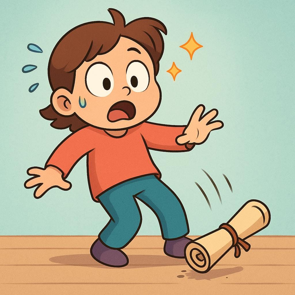 A cartoon character reacting with extreme shock, indicated by wide eyes and an open mouth, dropping a rolled scroll onto the floor.