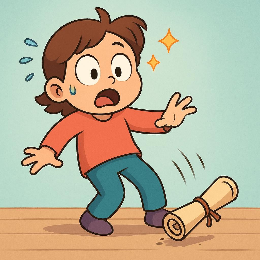 A cartoon character reacting with extreme shock, indicated by wide eyes and an open mouth, dropping a rolled scroll onto the floor.