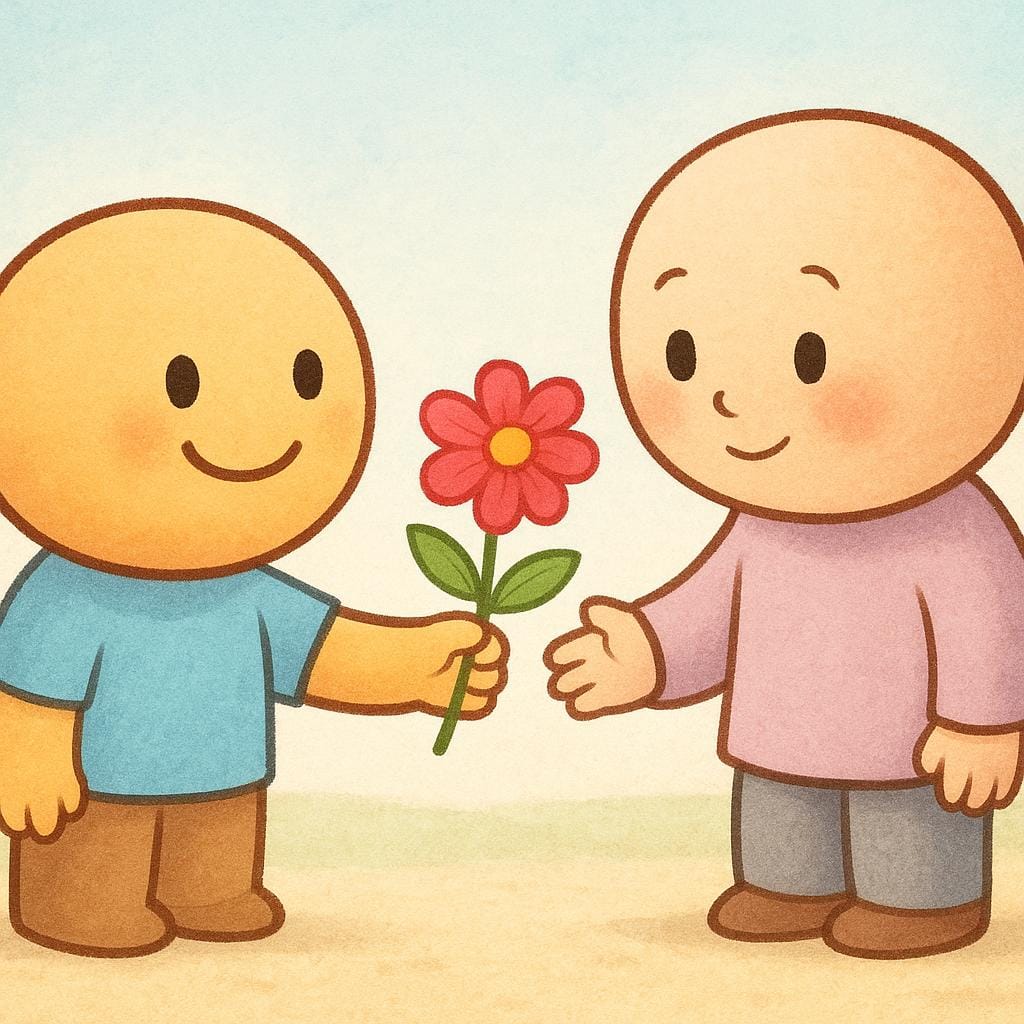 Uma personagem feliz dando uma única flor de cor viva para uma segunda personagem que está corada, ilustrando um elogio ou um pedaço de apreço.