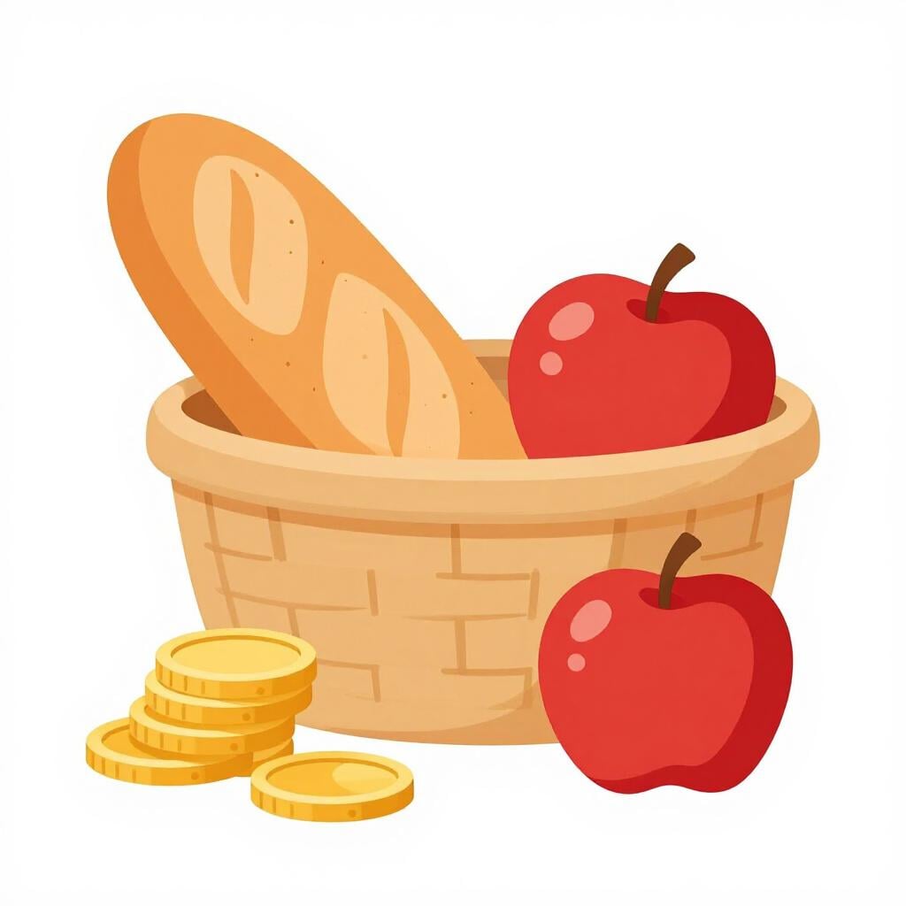 A colorful storybook illustration of a shopping basket filled with groceries and a small stack of gold coins beside it to represent tax.