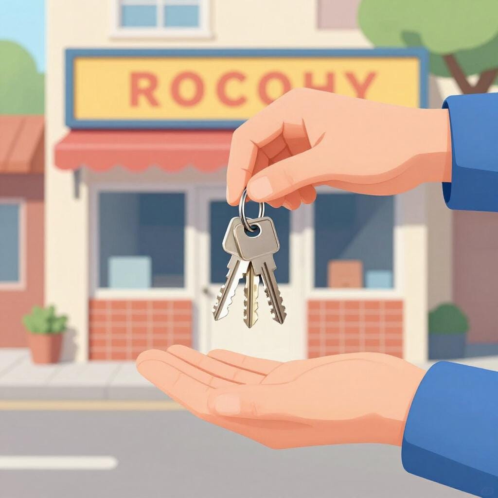 Uma pessoa entregando um conjunto de chaves a outra pessoa em frente a uma pequena loja.