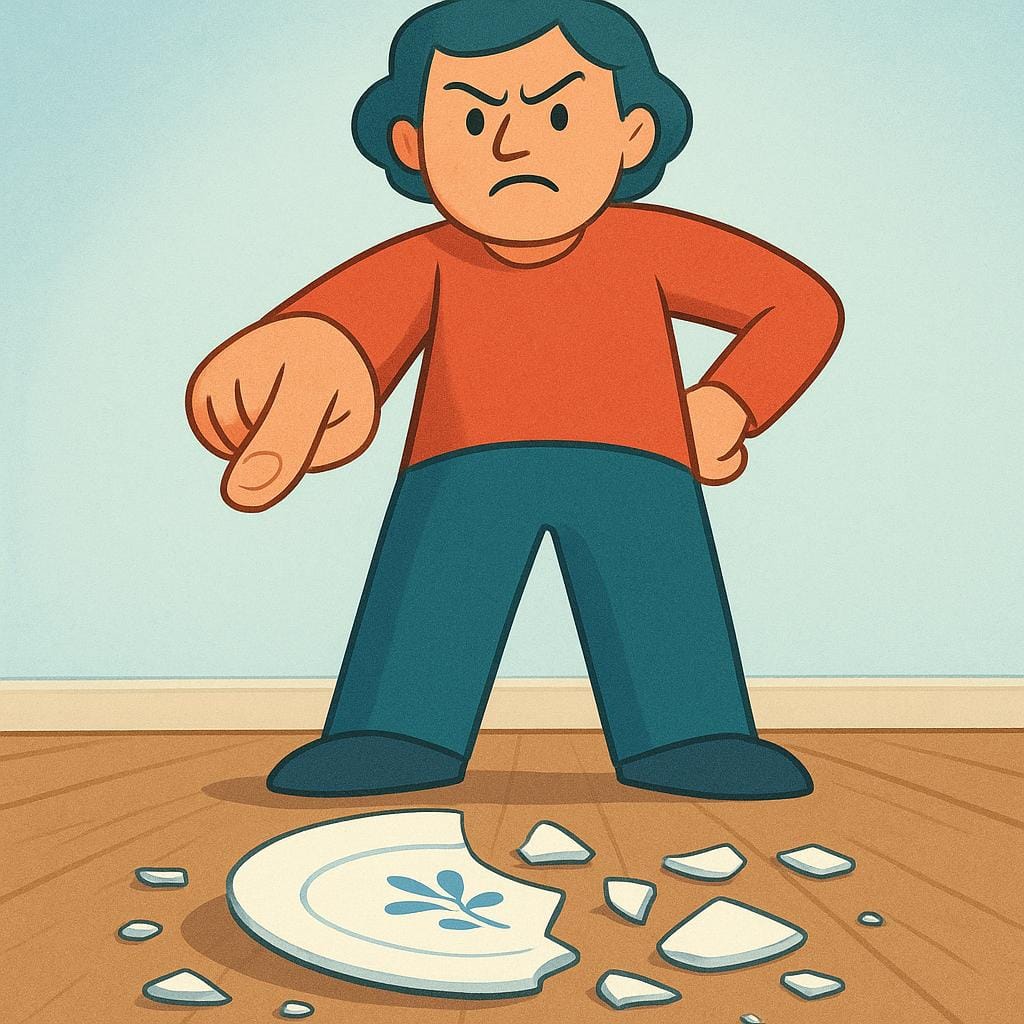 A figure stands over a broken ceramic plate on the floor, pointing a stern, accusing finger directly at the broken object, symbolizing blame.