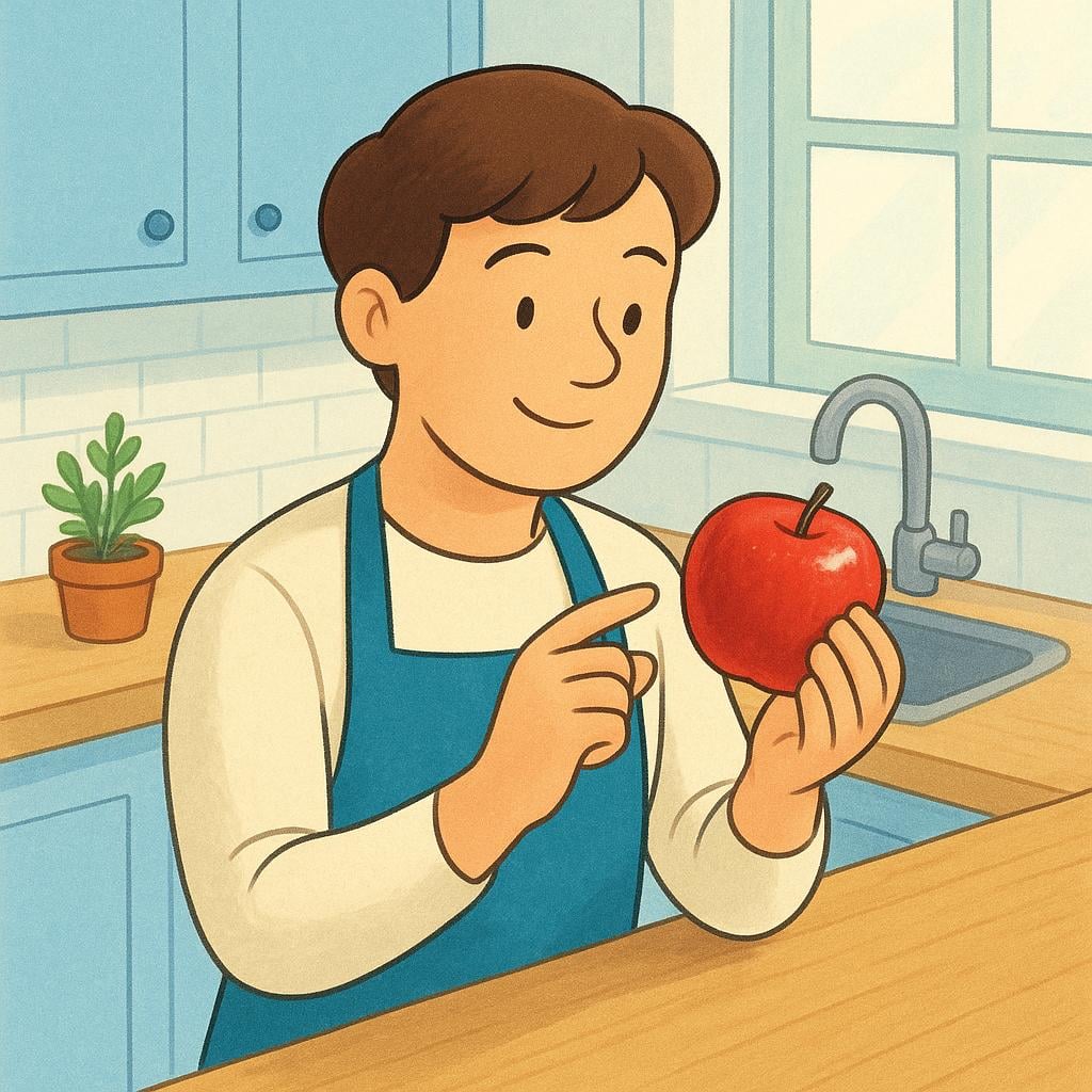 A friendly character wearing an apron carefully inspects a bright red apple, turning it over to check for any imperfections.