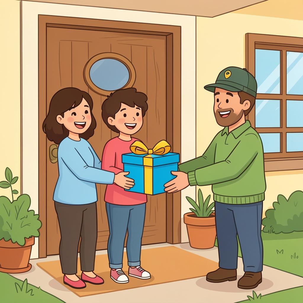 A group of people together handing a large, colorful package to a delivery person at a front door.