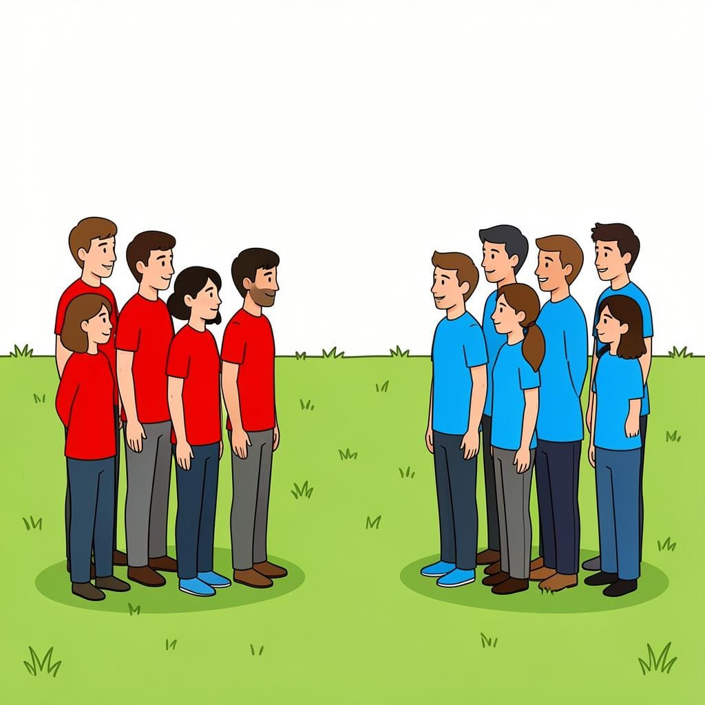Two groups of people wearing different colored shirts standing on opposite sides of a field.
