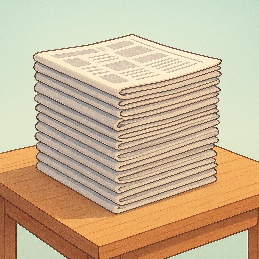 A tall, neat stack of folded newspapers resting on a wooden table, implying periodicals.