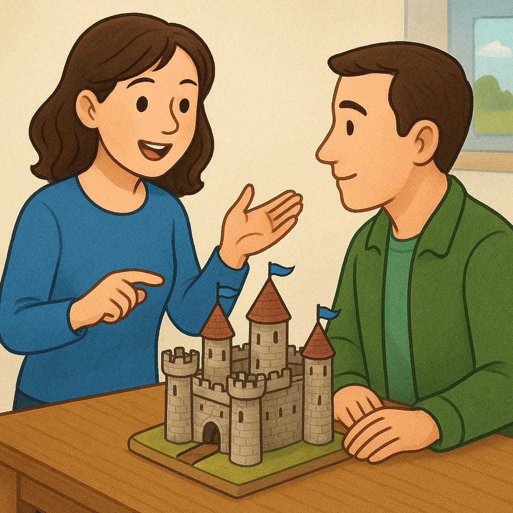 Uma mulher está ao lado de um modelo de castelo grande e intrinsecamente detalhado, apontando características específicas para um homem que escuta atentamente.