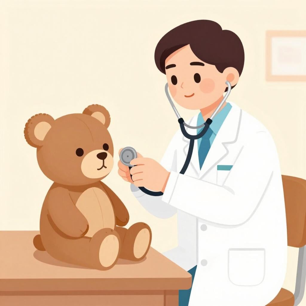 A doctor using a stethoscope on a smiling teddy bear.