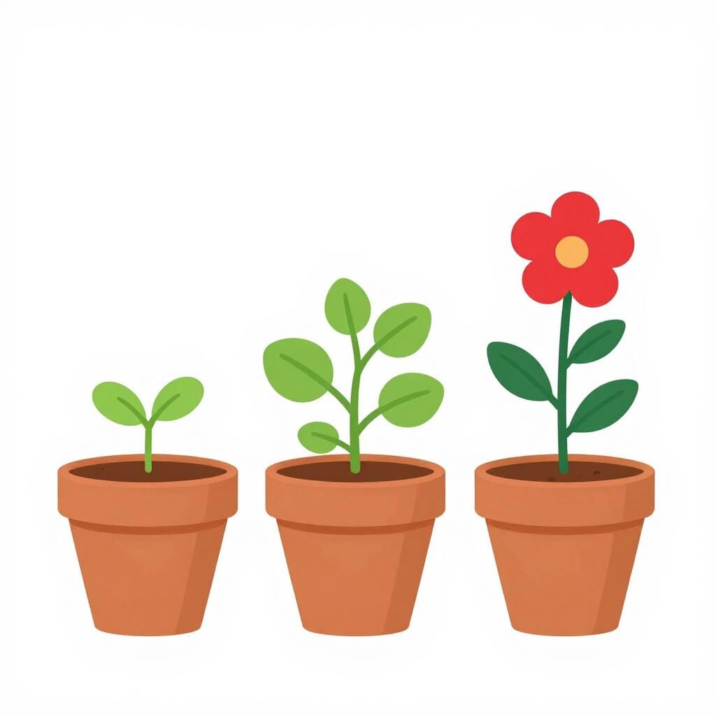 Een rij van drie potten die een klein spruitje, dan een middelgrote plant en tenslotte een bloeiende bloem tonen.