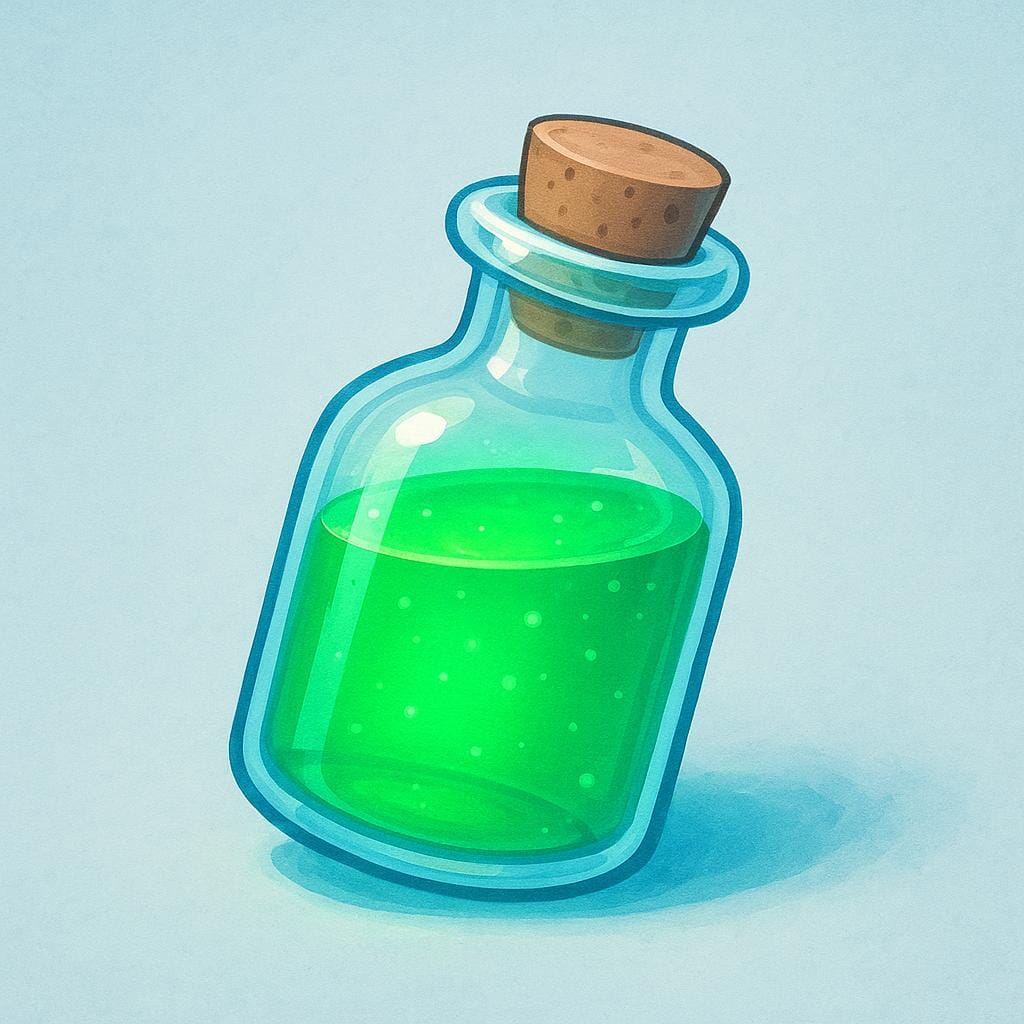 A small, clear glass vial filled with glowing, vibrant emerald green liquid, suggesting poison.