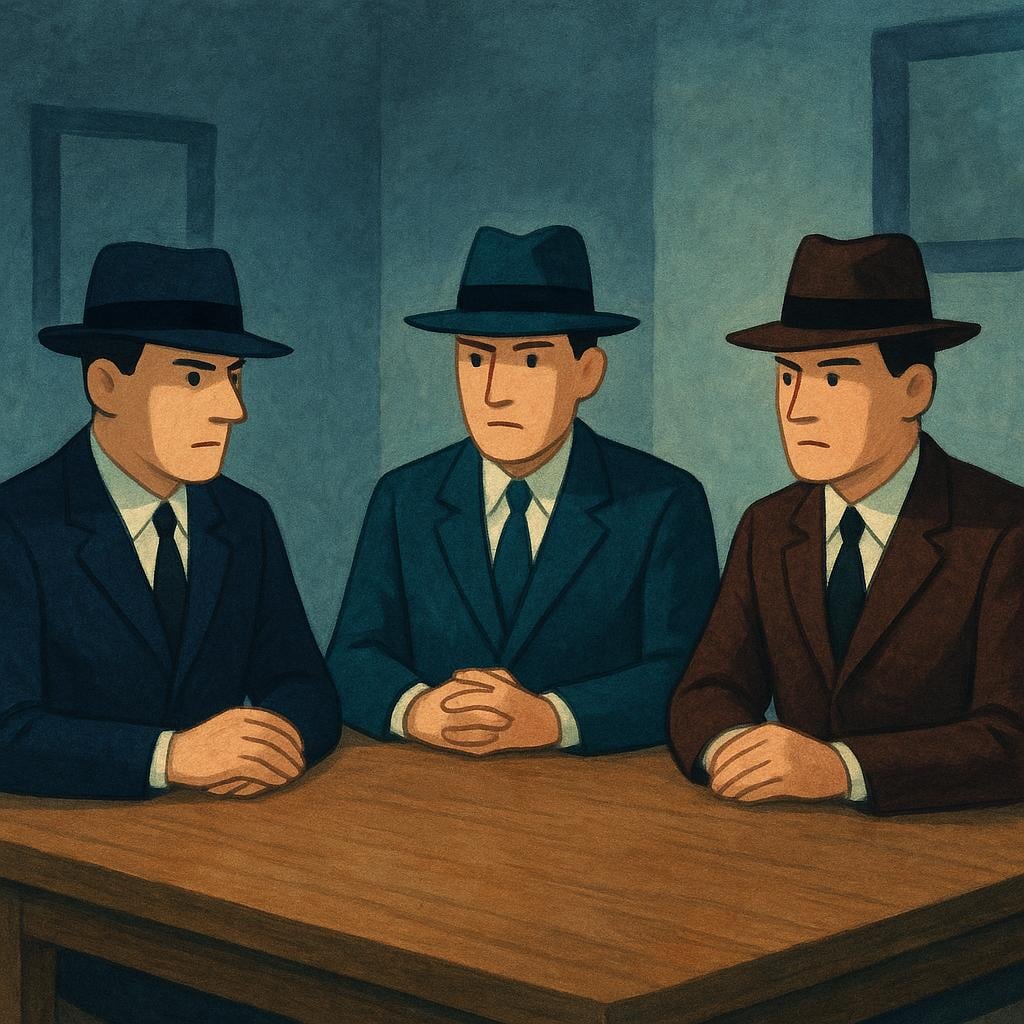Three serious figures wearing dark suits and fedoras are sitting around a large, dimly lit table, suggesting a secret meeting of an organized crime group.