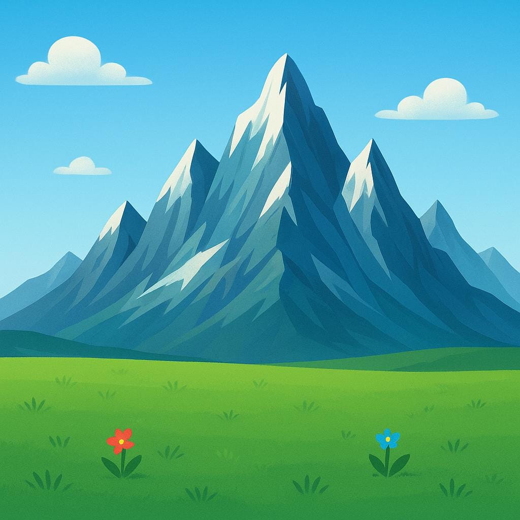 A colorful illustration of a dramatic, sharp mountain range rising abruptly from a flat plain, representing a geographical feature.