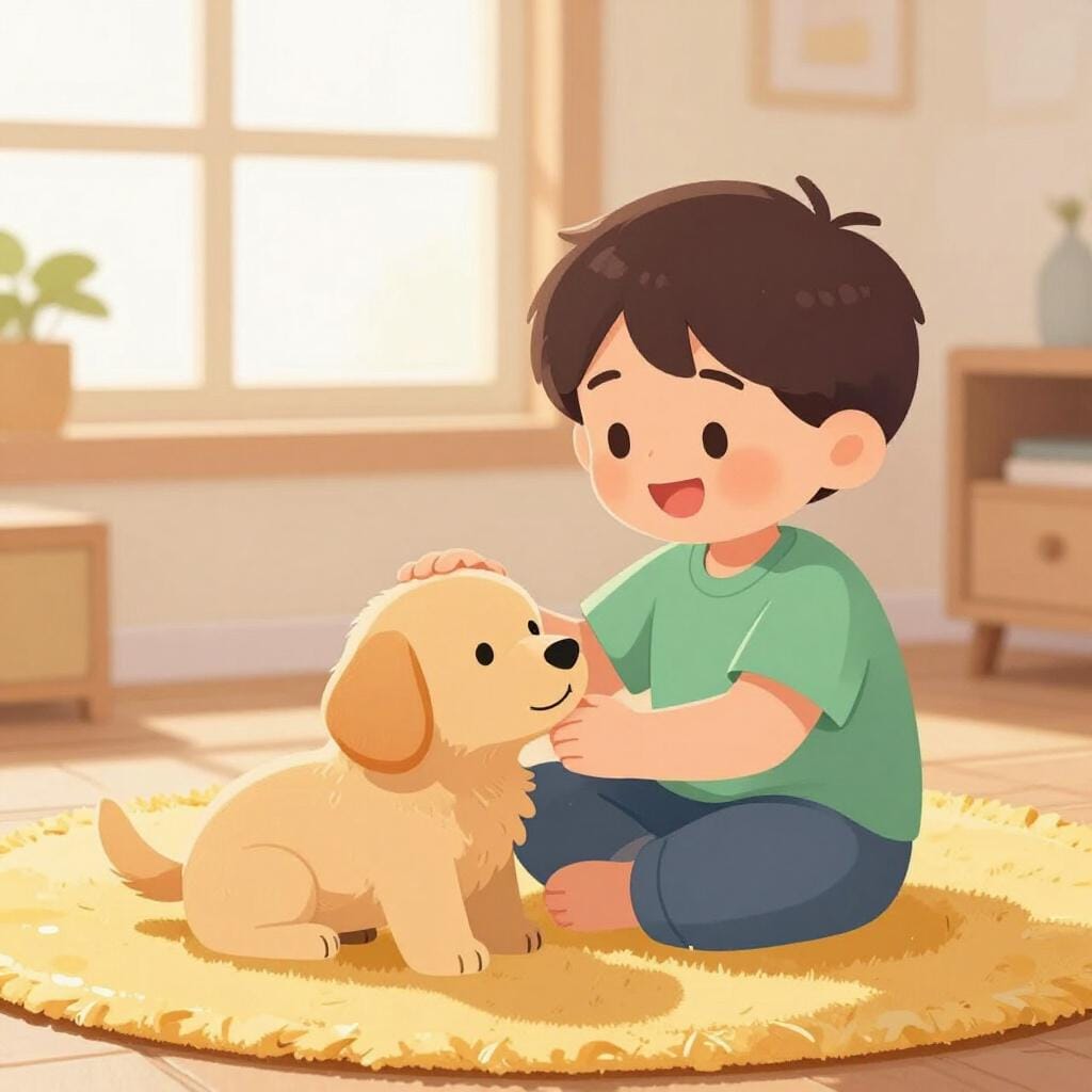 Ein Kind sitzt auf einem weichen Teppich und streichelt lächelnd einen flauschigen goldenen Welpen in einem sonnendurchfluteten Raum.