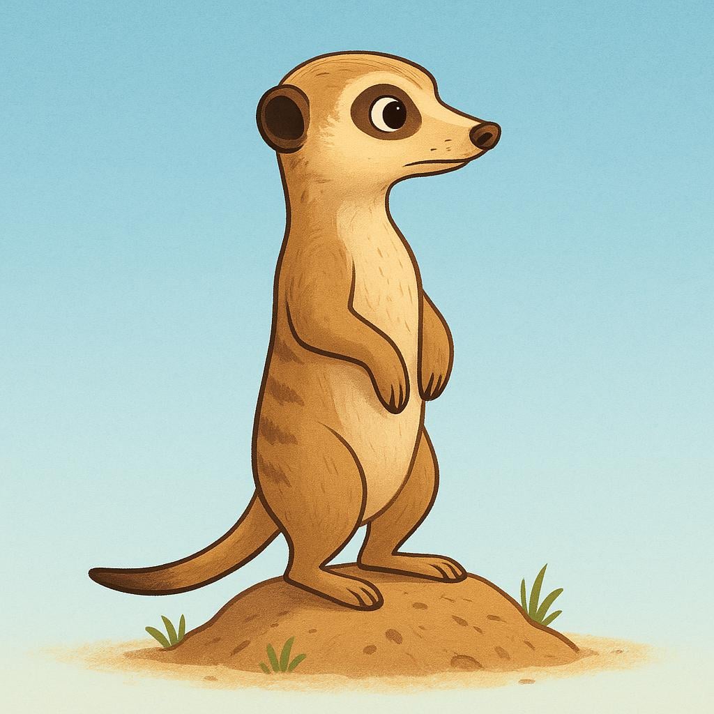 A storybook illustration of a meerkat standing tall on alert, vigilantly watching its surroundings.
