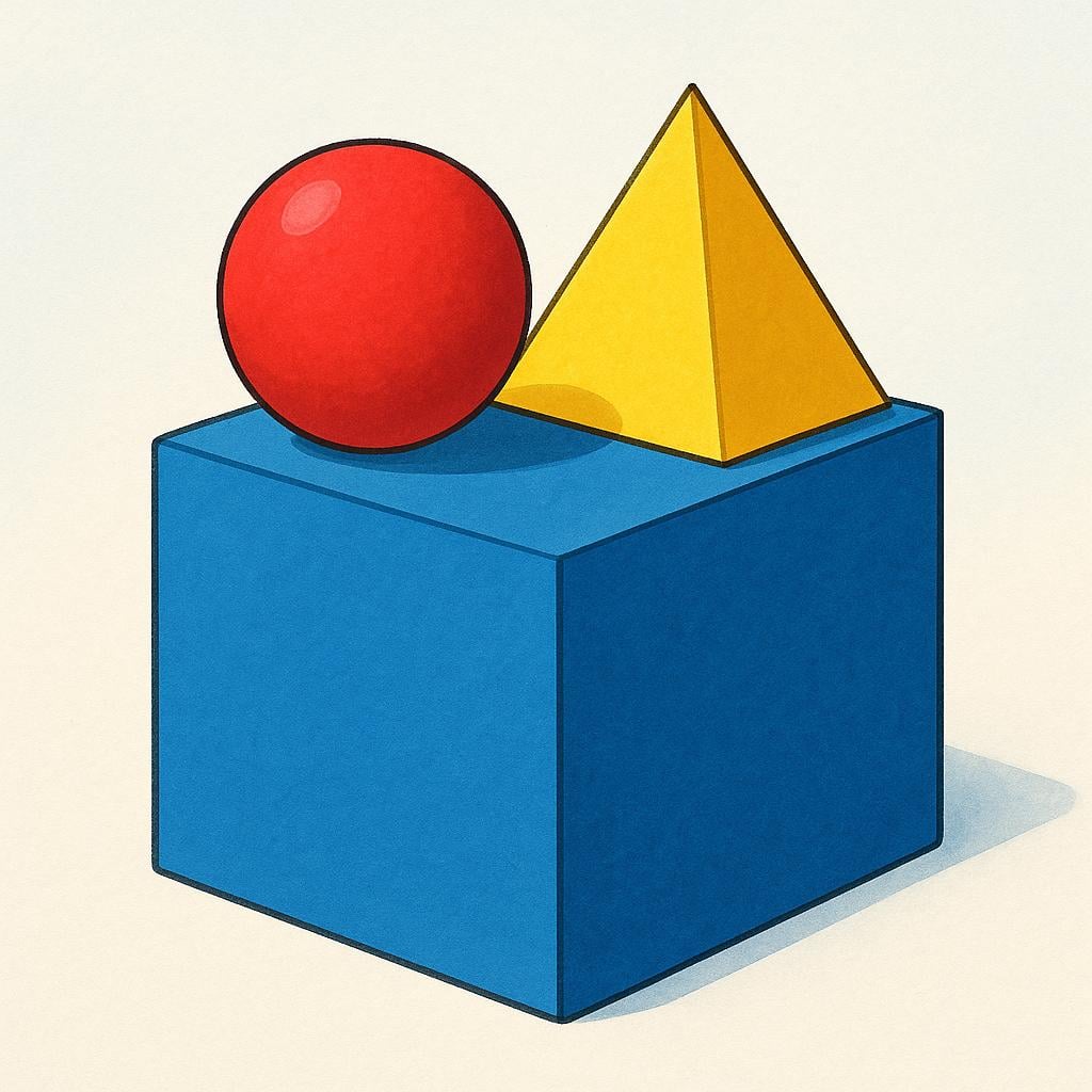 A storybook illustration showing geometric primary shapes stacked: a large blue cube forming the base, topped by a red sphere and a yellow pyramid.