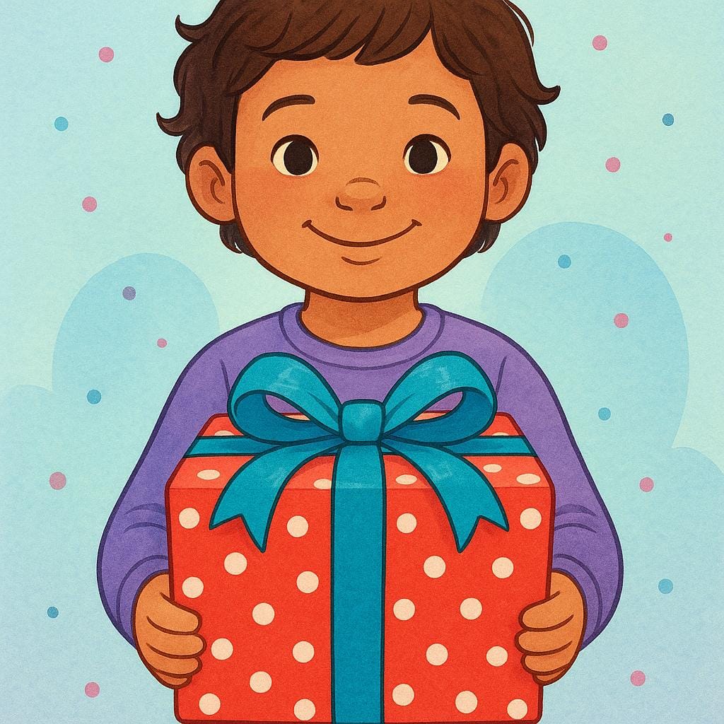 A close-up of a child offering a colorful wrapped gift with both hands.