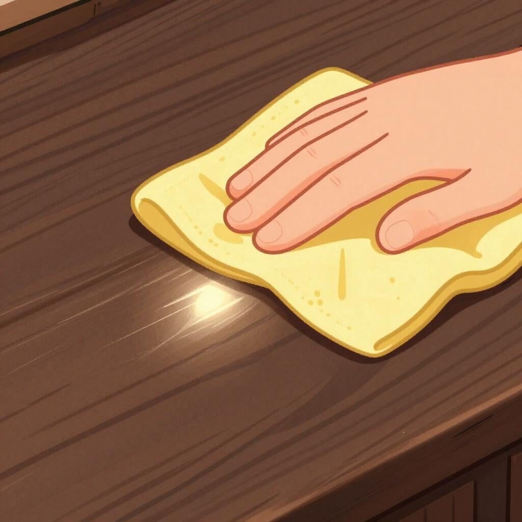 Eine Person, die mit einem weichen Tuch einen Holztisch poliert, bis er glänzt.