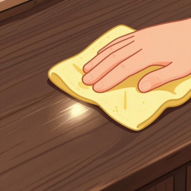 Une personne utilisant un chiffon doux pour frotter une table en bois jusqu'à ce qu'elle brille.