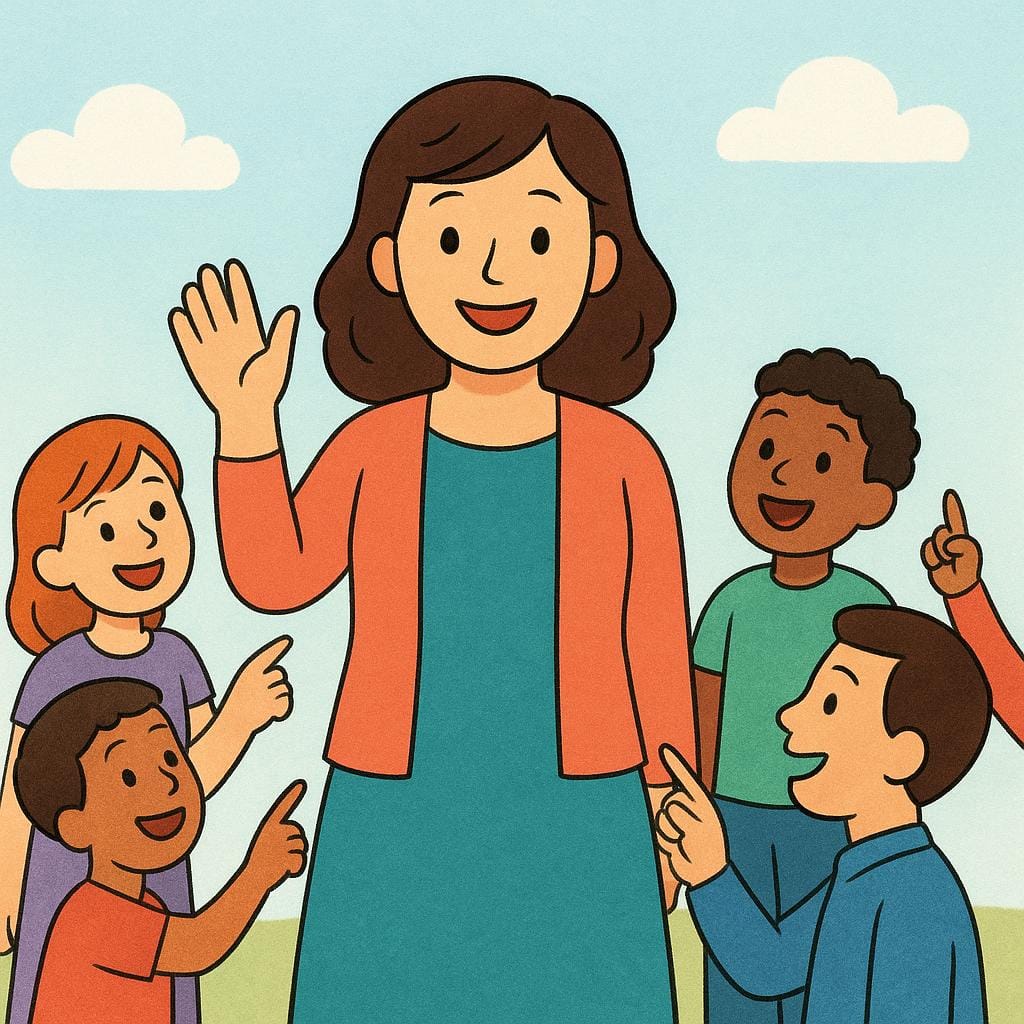 Uma mulher bem iluminada em pé em um pequeno palco, acenando para um grupo de figuras silhuetadas e animadas que apontam para ela, ilustrando reconhecimento generalizado.