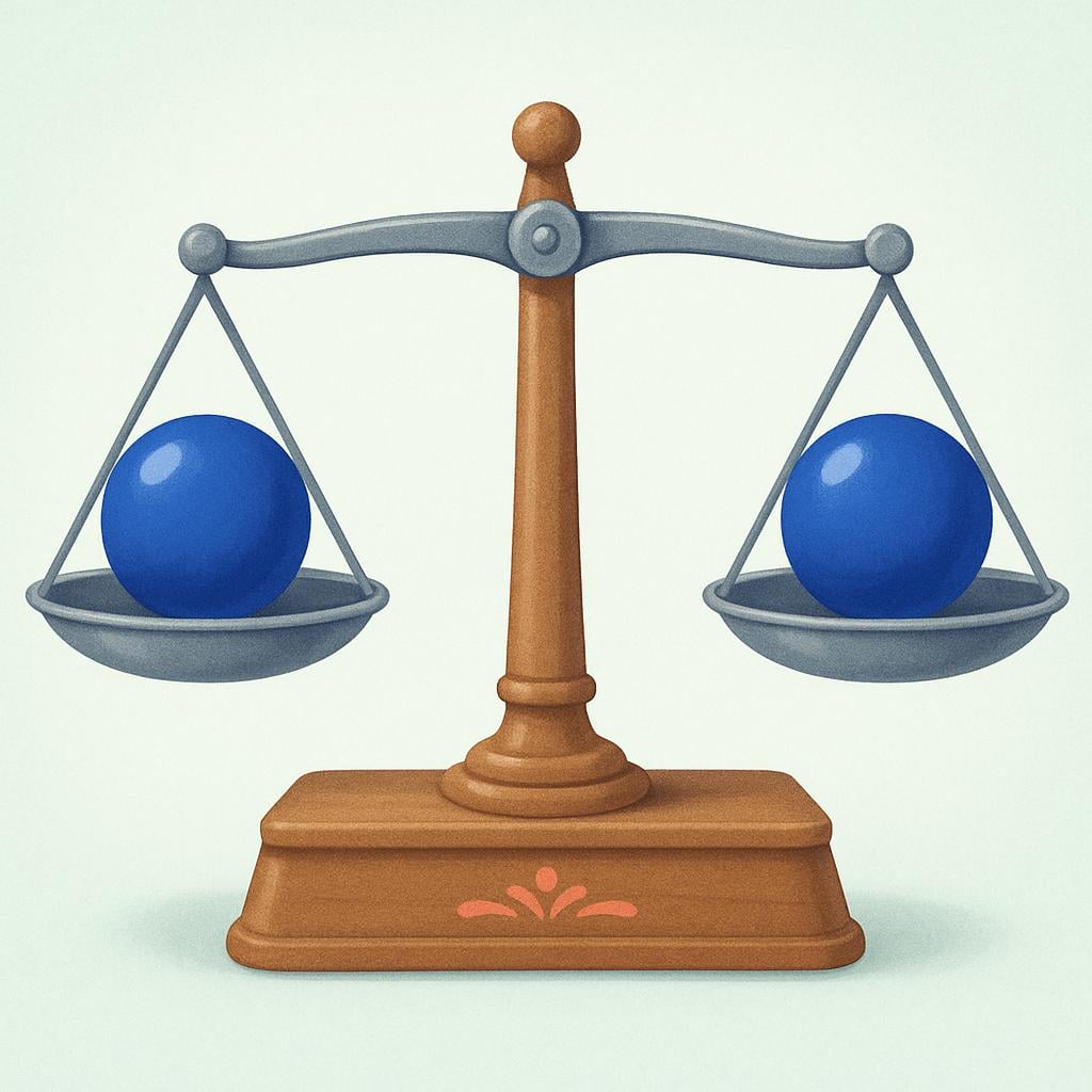 A simple illustration of a perfectly balanced set of scales, symbolizing fairness and equality.
