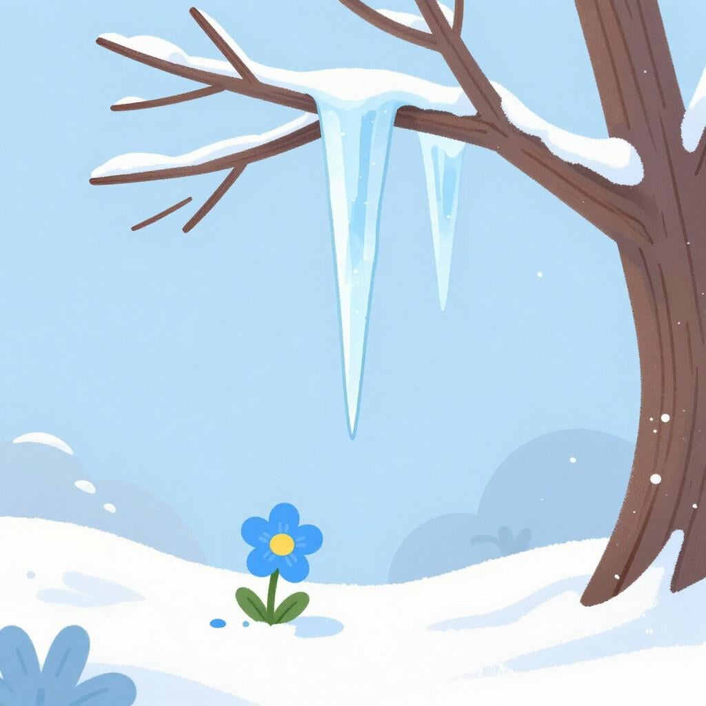 Un glaçon tranchant et froid suspendu à une branche sombre, juste au-dessus d'une petite fleur bleue fragile.