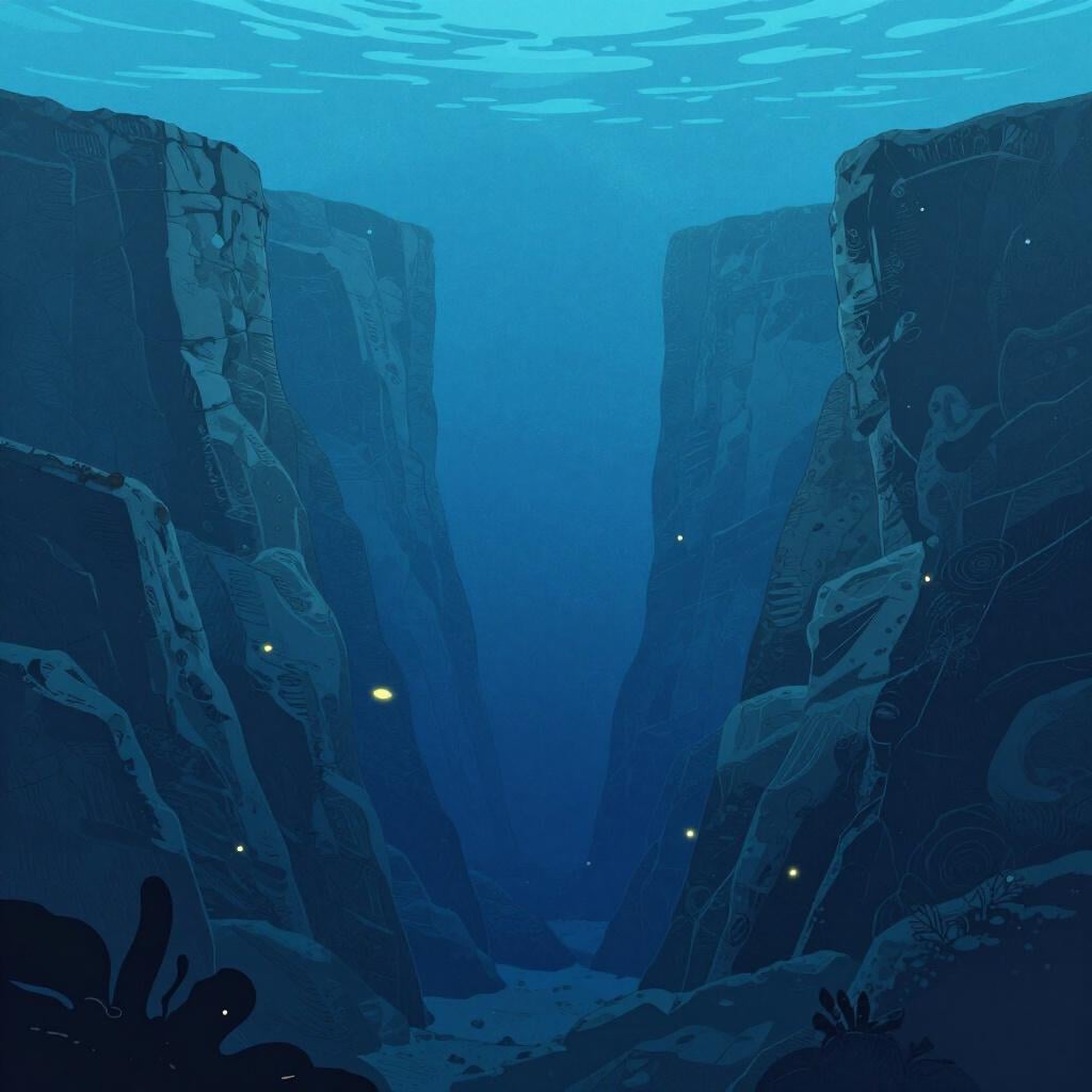 A deep V-shaped valley at the bottom of a dark blue ocean with small fish swimming above.