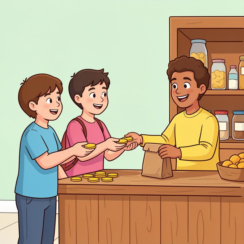 A small group of people handing coins to a shopkeeper over a wooden counter.