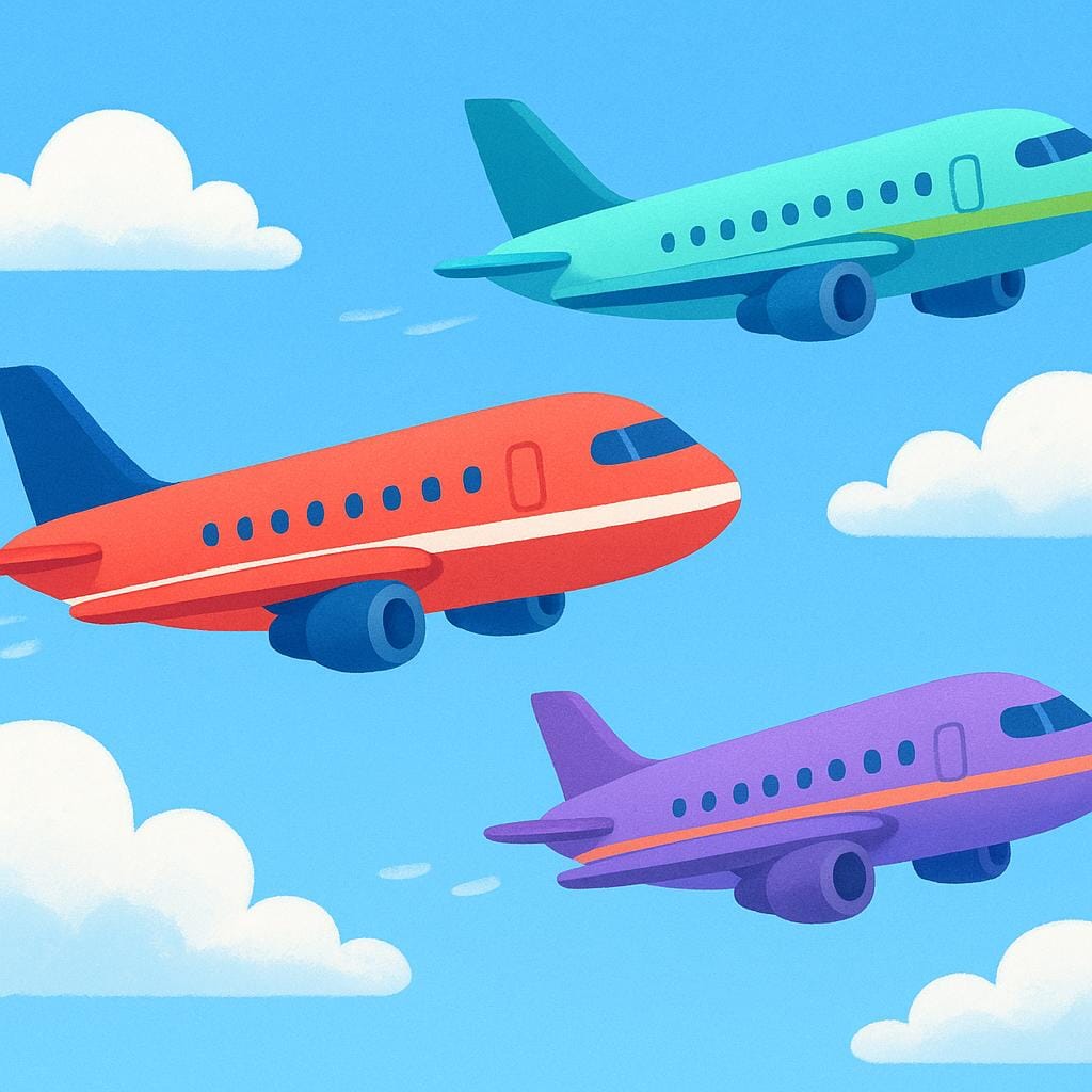 A simple illustration showing three brightly colored airplanes soaring through a clear blue sky.