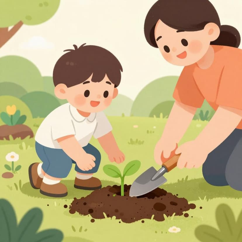 An adult showing a child how to use a garden trowel to plant a small flower.