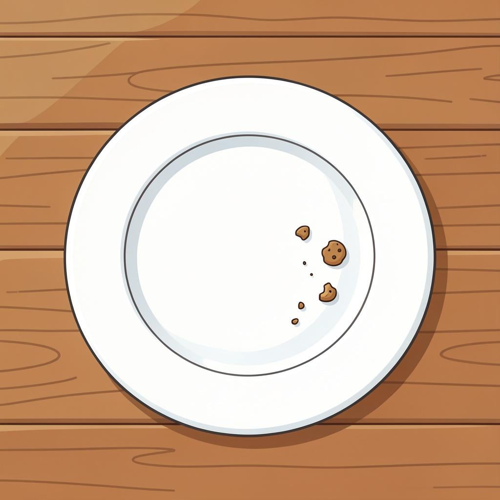 An empty plate with a few crumbs remaining.