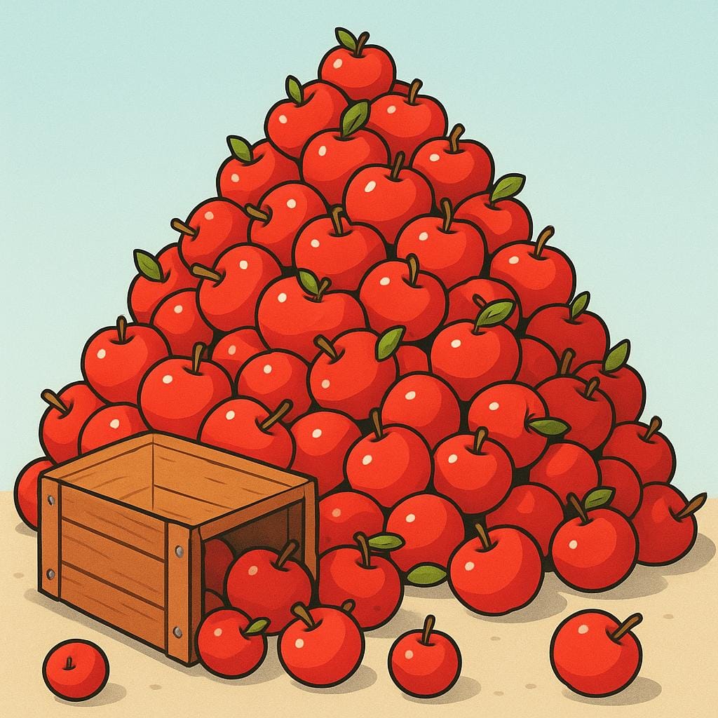 A towering, immense pile of bright red apples overflowing a small wooden crate, symbolizing an overwhelming, huge amount.