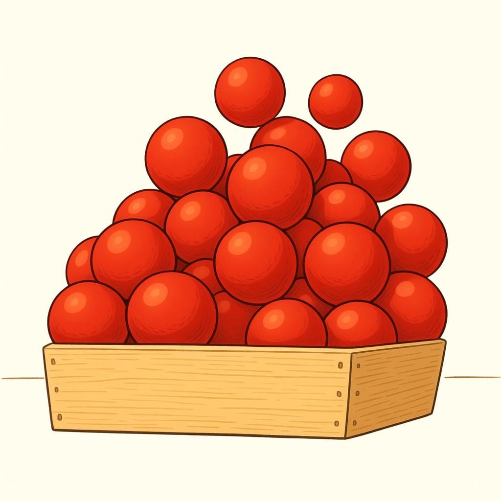 A large, loosely gathered pile of identical red balls spilling slightly, emphasizing an approximate quantity.