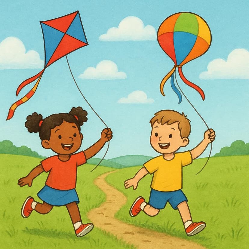 A high quality storybook illustration showing two cheerful children, a boy and a girl, flying colorful kites in a wide, sunny green field. A visible, slightly worn path leads up to where they are standing, symbolizing a frequently repeated activity.