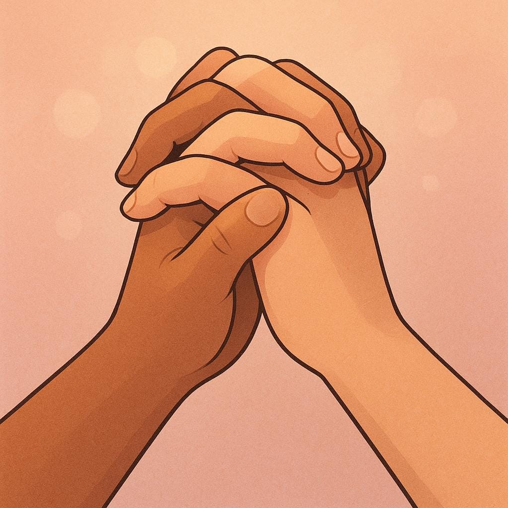 En närbild illustration av två mänskliga händer som försiktigt pressas samman framför ett mjukt ljus, vilket symboliserar bön eller djup kontemplation.