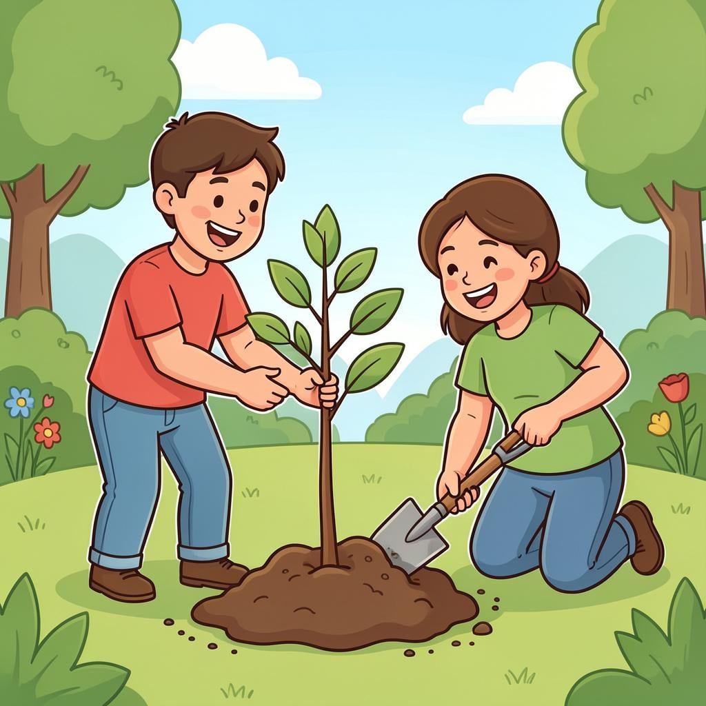 Two people working together to plant a small tree in a garden.