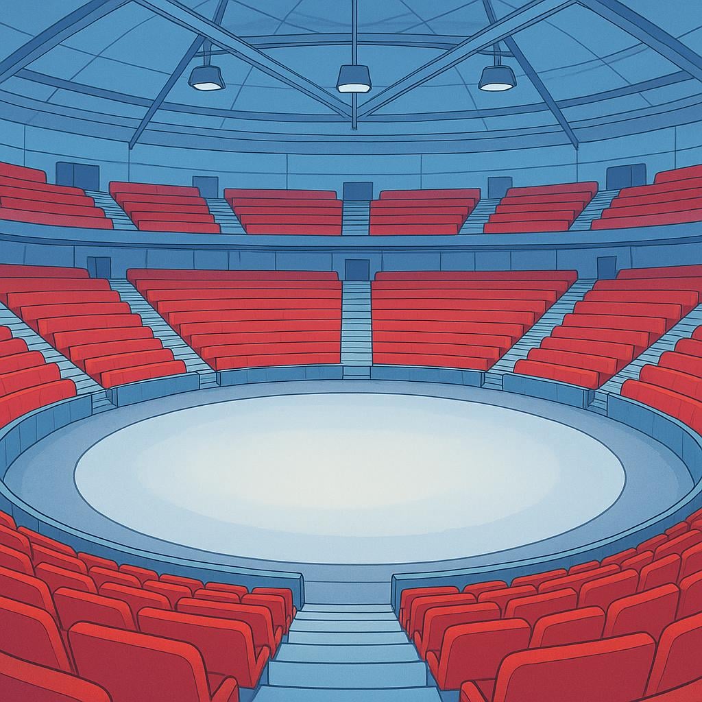 An illustration of a large, circular indoor stadium with tiered seating surrounding a central floor.