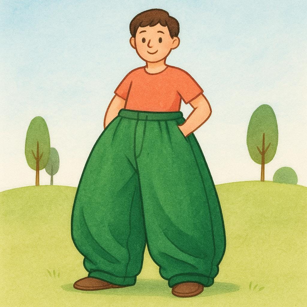 Une figure de dessin animé portant un pantalon trop grand et ample qui pend lâchement autour de ses jambes.