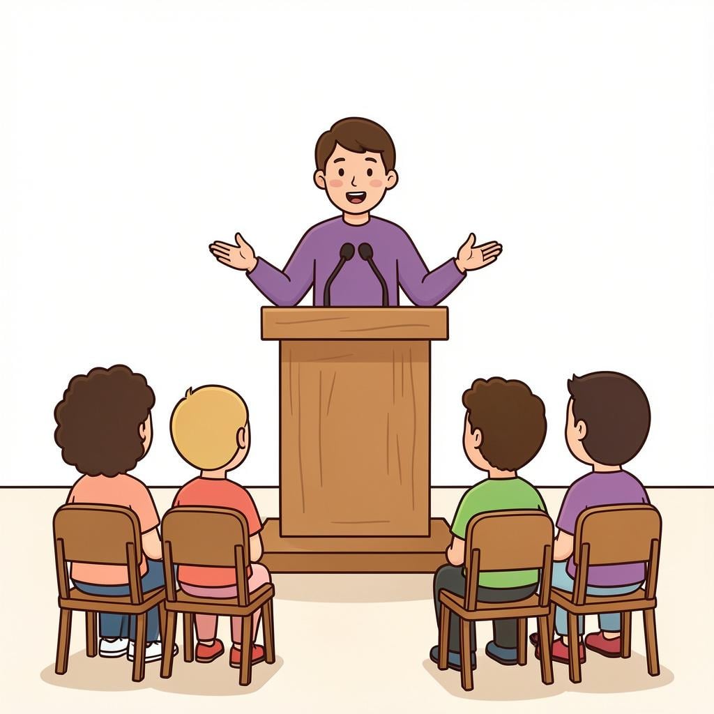 A person standing at a wooden podium speaking to a group of people sitting in chairs.