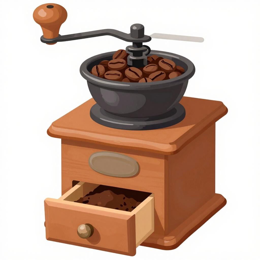 Eine hölzerne Handkurbel-Mühle, in der braune Kaffeebohnen zu Pulver zermahlen werden.