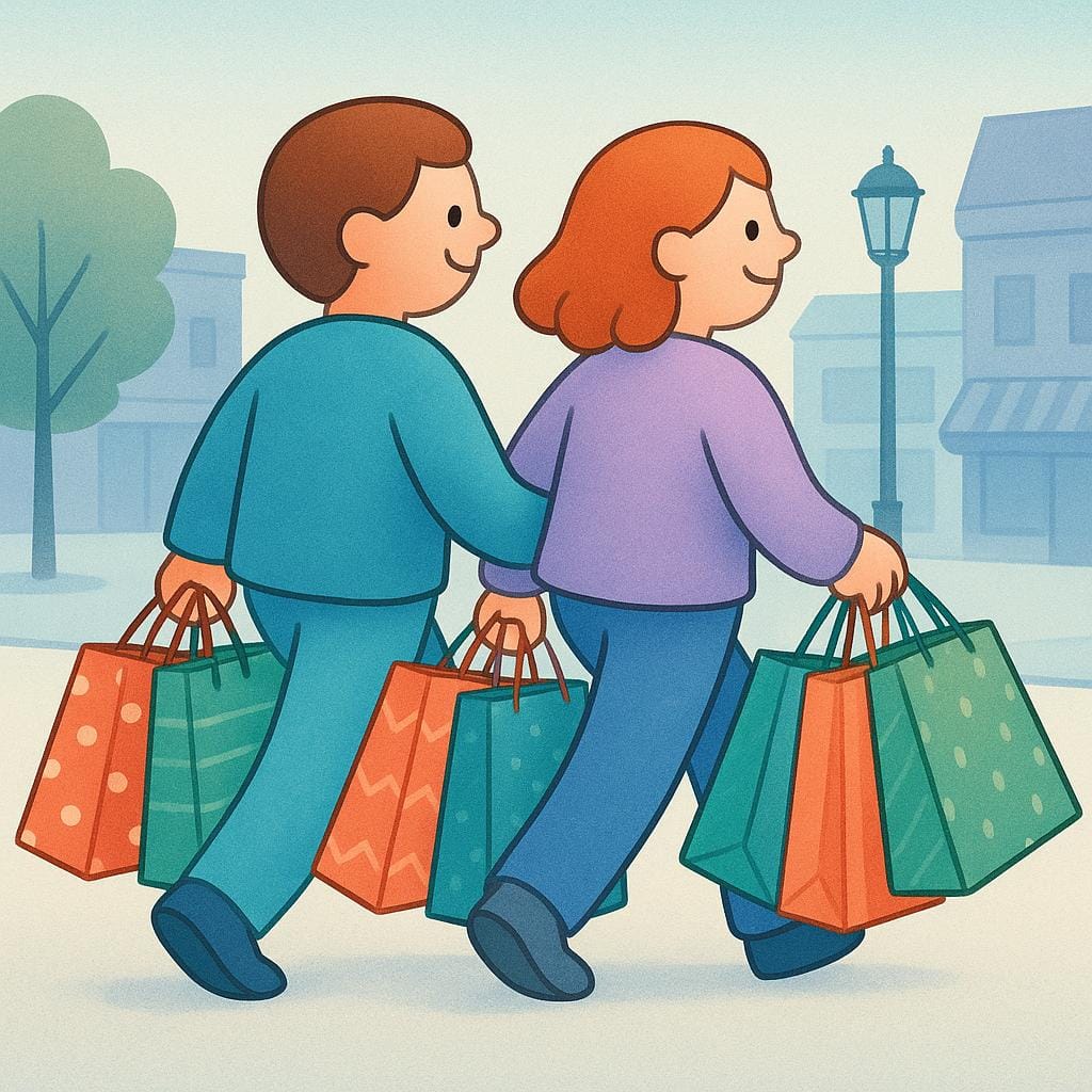 Two people are happily walking away from a shopping area, each carrying multiple large, full shopping bags, signifying a past transaction.