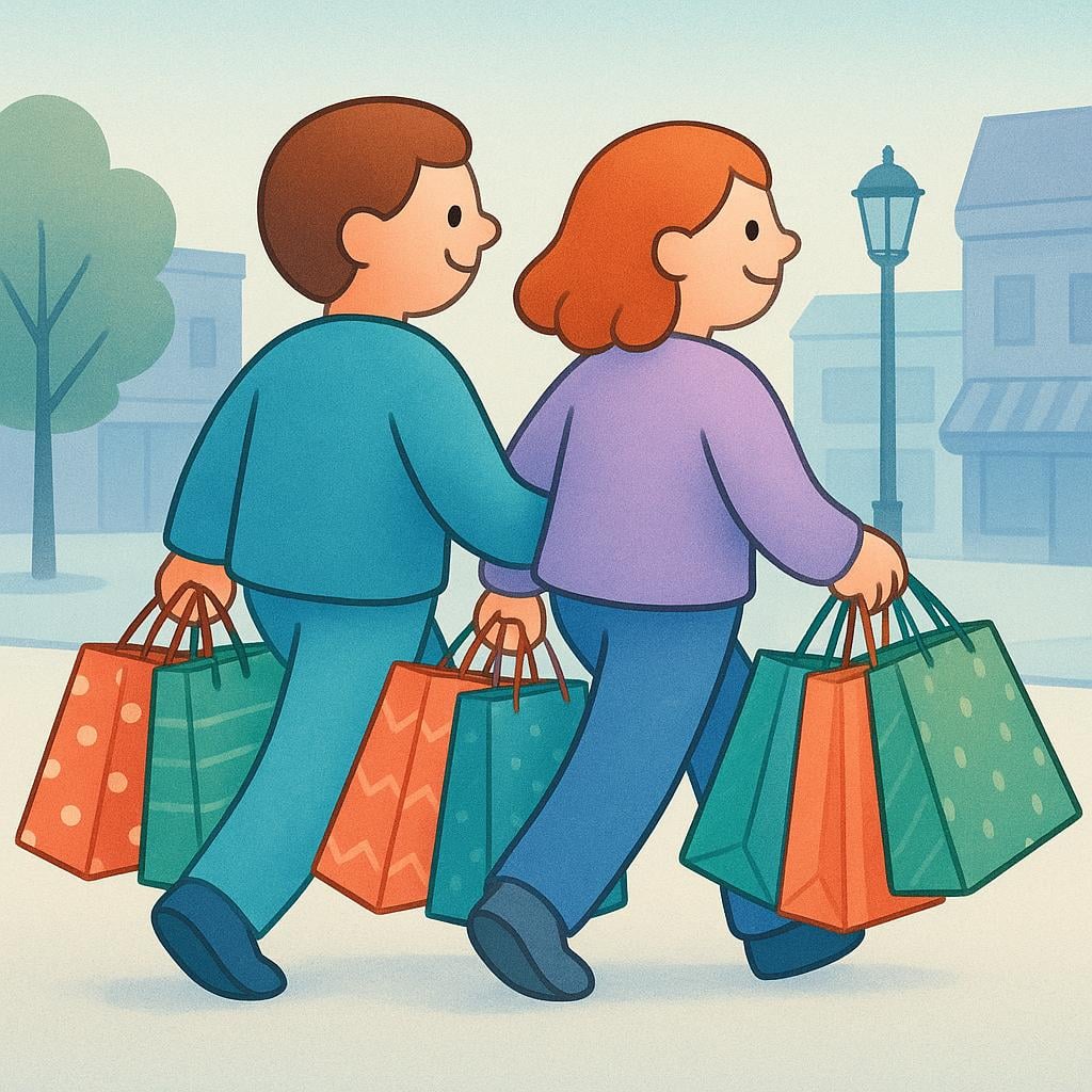 Two people are happily walking away from a shopping area, each carrying multiple large, full shopping bags, signifying a past transaction.