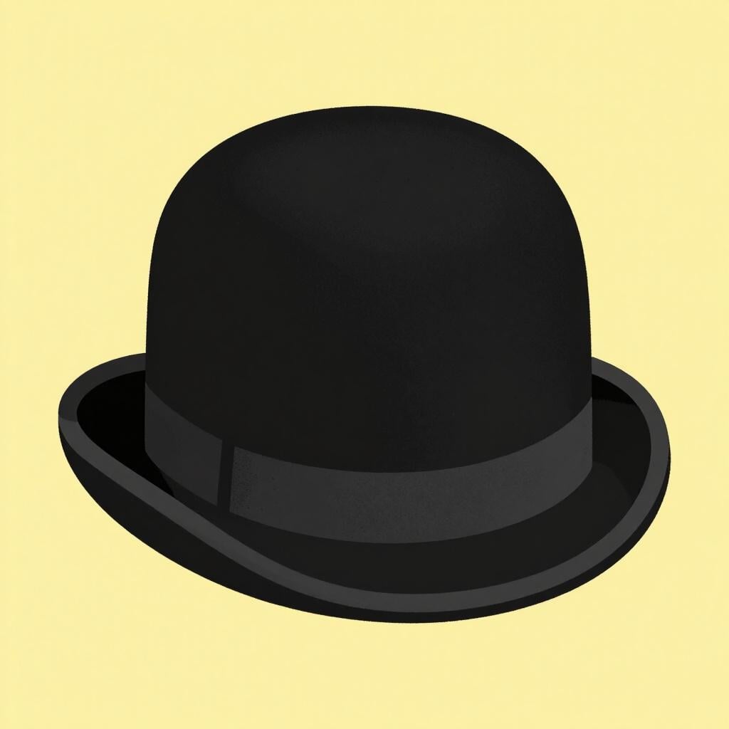 Um chapéu-coco preto de feltro com coroa arredondada e aba curta e curvada.