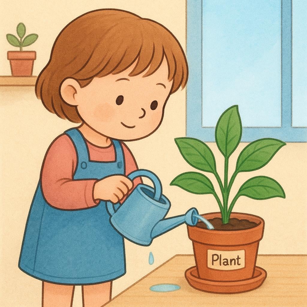 A young child carefully watering a large green potted houseplant using a small blue watering can, illustrating a chore.