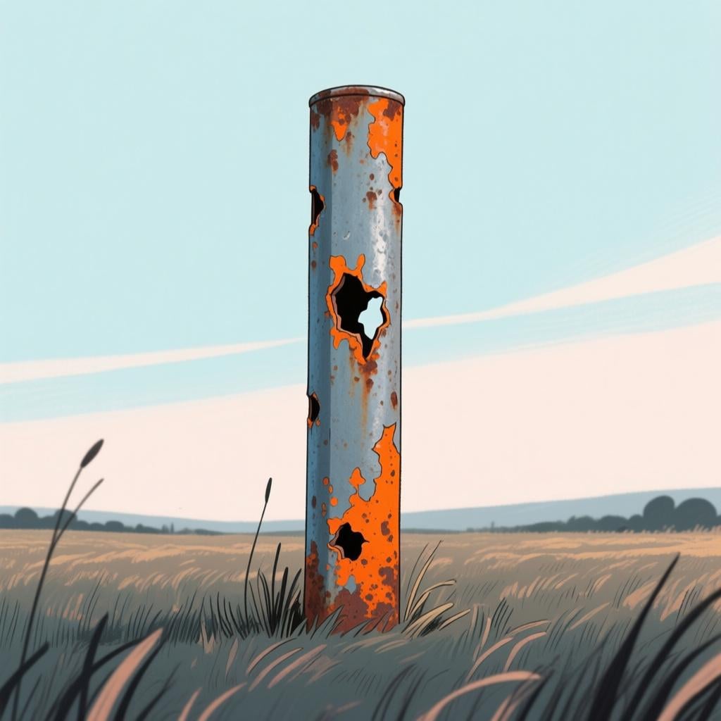 A simple metal post with aggressive orange rust actively dissolving the surface and creating holes, illustrating corrosion.