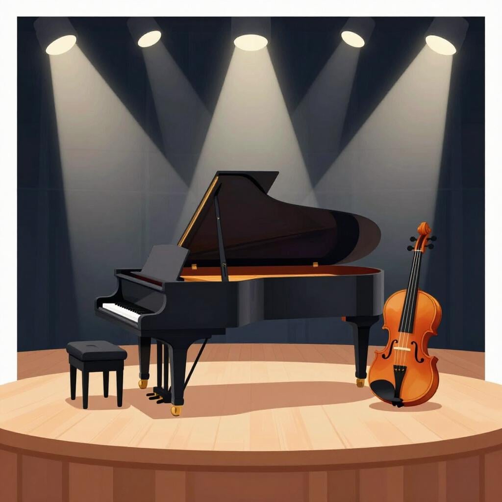 A colorful stage with a grand piano and a violin under bright spotlights.